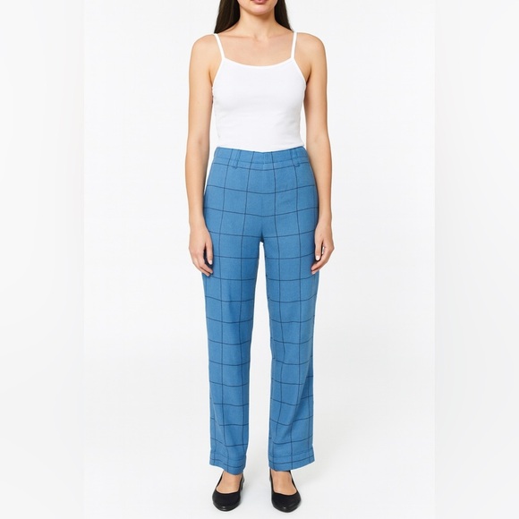 Sundance Linen Womens Pants Size 6 Blue Plaid Straight Leg Casual - Picture 1 of 7
